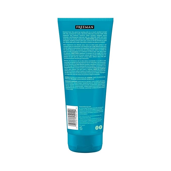 Freeman Anti-Stress Clay Mask, Dead Sea Mineral Face Mask, Lavender & Sea Salt Balance & Calm Skin, Unclog Pores, Facial Mask For All Skin Types, No Harsh Chemicals, 6 fl. oz./175 ml Tube, 1 Count