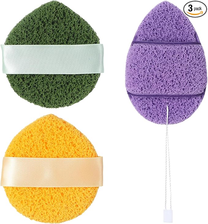 3PCS Facial Sponges, Colorful Face Scrubber for Cleansing and Exfoliating, Reusable Daily Cleansing Face Pads, Compressed Blackhead Remover for Skin(Green Yellow Pink)