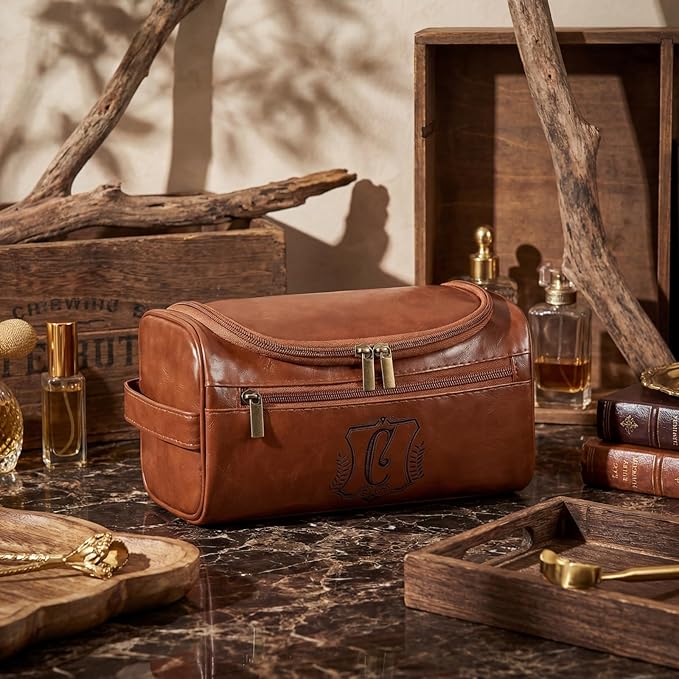 Sadnyy Personalized Leather Toiletry Bag for Men Initial Travel Bag with Hook Monogrammed Toiletry Pouch Leather Travel Bathroom Kit with Side Handle for Him Dad Husband Anniversary Birthday Gifts(G)