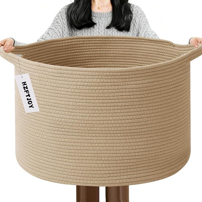 115L Large Blanket Basket,23.6" L x 23.6" W x 15.7" H Rope Woven Baskets with Handles, Toys Storage Bins,Laundry Basket Perfect for Living Room, Nursery,Bedroom,Home Organization,Camel