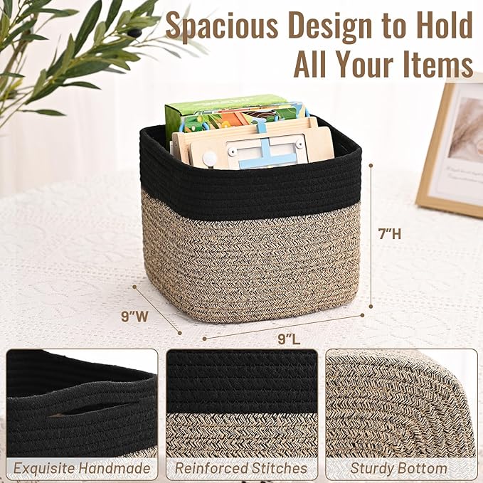 3 Pack Cube Storage Bin, 9”x9”x7” Cotton Rope Woven Baskets for Organizing Toys Clothes Towels, Square Gift Storage Baskets for Shelf, Nursery, Closet, Bathroom, Pantry (Black & Brown)