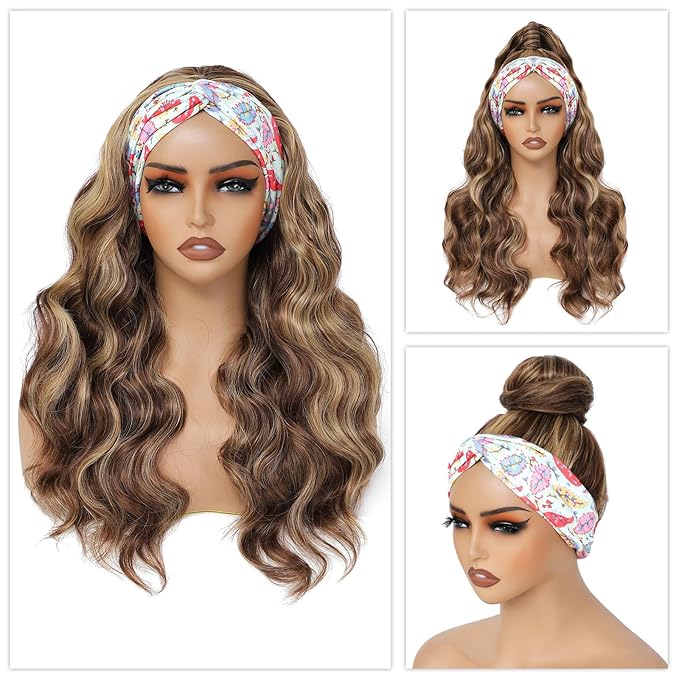 xccoco Glueless Headband Wigs for Black Women Brown Blonde Headband Wig Long Loose Curly Synthetic Wig 24inch 4/27 Highlight Honey Blonde Wig with Headband,200% Denisty