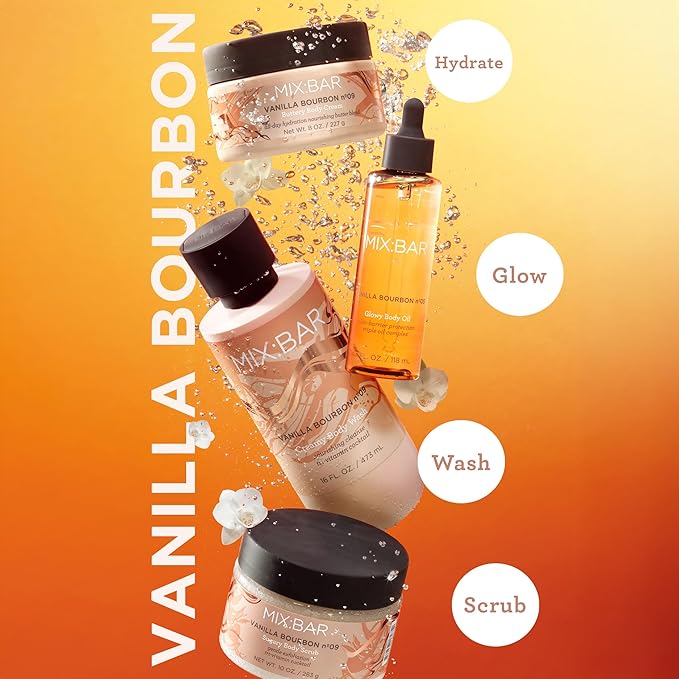 MIX:BAR Vanilla Bourbon Glowy Body Oil for Women, Soothe, Soften & Smooth Dry Skin, with Jojoba & Avocado Oil, Paraben Free, Vegan, 5oz