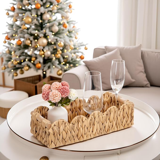 Wicker Bathroom Basket Tray Organizer w/Scalloped for Toilet Paper, 2PCS Rattan Decorative Basket for Bathroom Decor, Farmhouse Home Decor, Living Room and More, Natural Water Hyacinth