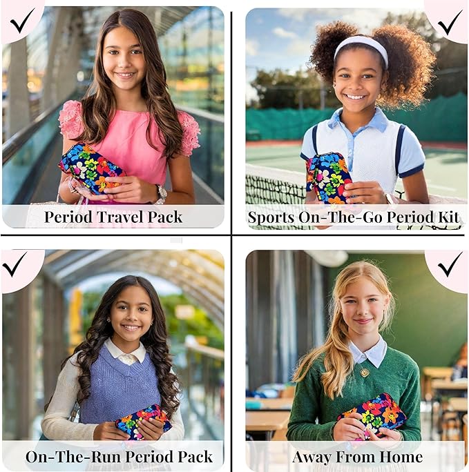 First Period Pal Pack to-Go Kit | 24 pcs | First Period Kit for Tweens | Teen Period Kit| Discrete Period Bag, Pads, Panty Liners, Period Kits for Tweens 10-12 (Color Burst)