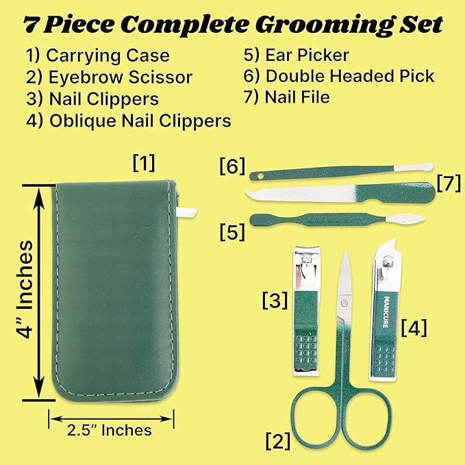 Made Easy Kit Portable Nail Clipper Set – 6-Piece Travel Manicure Kit for Men & Women – Includes Nail Clippers, Scissors, File & Grooming Tools in Compact Zip Pouch (Green)