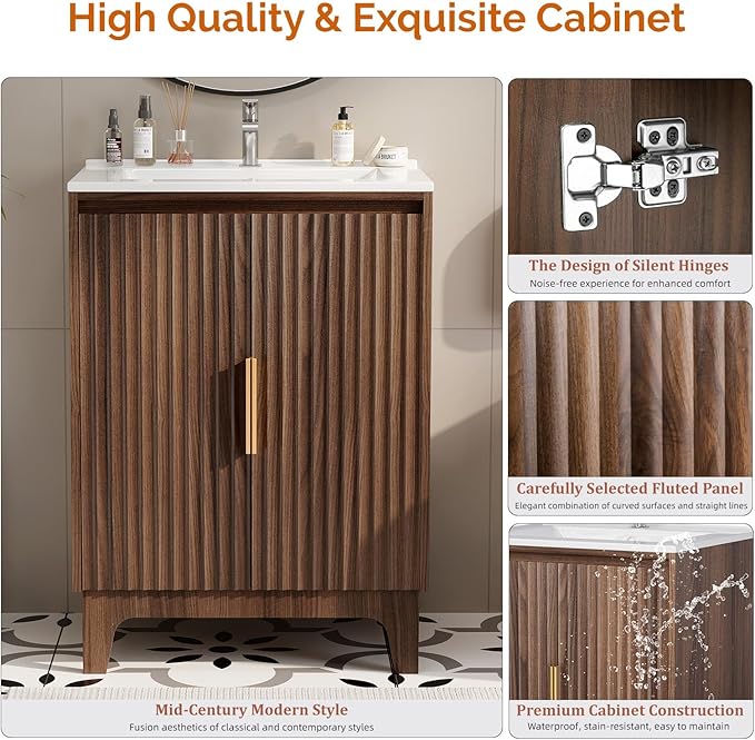 VINGLI 24 Inch Bathroom Vanity with Sink, Mid-Century Modern Vanity with Ceramic Basin and Fluted Soft-Close Doors, U-Shape Storage Shelf,Free Standing Small Bathroom Sink Cabinet Combo Set,Walnut