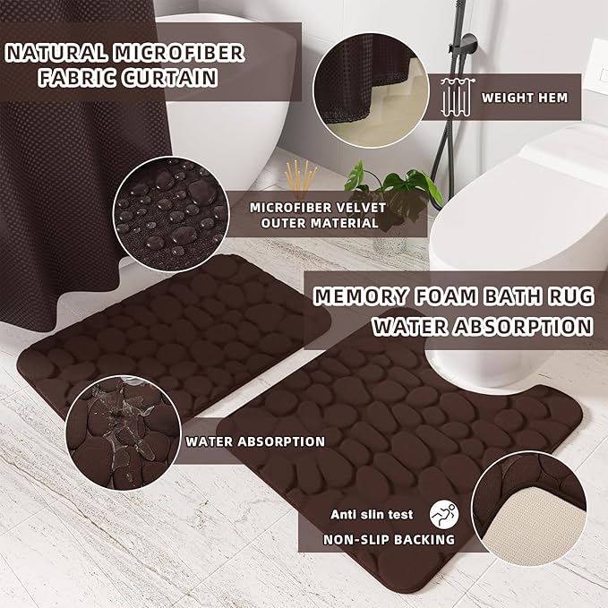 Bathroom Accessories Set - 25PC Brown Bathroom Sets with Shower Curtain and Rugs, Bathroom Accessory Set, Brown Shower Curtain Set, Trash Can, Qtip Holder Dispenser & Soap Dispenser