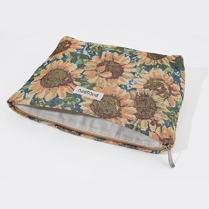 2 PCS Makeup Bag Set，Portable Cosmetic Bag for Purse ，Large Storage Capacity Toiletry Bag Make up Organizer，Travel Pouch with Zipper for Women, (Sunflower Oil Painting)
