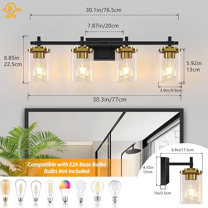 4-Lights Black and Gold Bathroom Vanity Light, Modern Bathroom Wall Sconces Lighting with Clear Glass Shade, Gold Vanity Lights for Bathroom Bedroom Living Room Porch