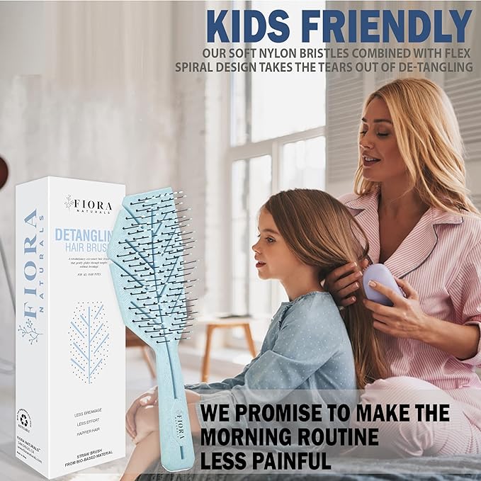 Fiora Naturals Hair Detangling Brush for Women - Detangler Hair Brush w/Flexible Soft Bristles- Gently Glides Through Tangles - Curly, Fine, Dry and Shower Wet HairBrush, cepillo para cabello - Blue