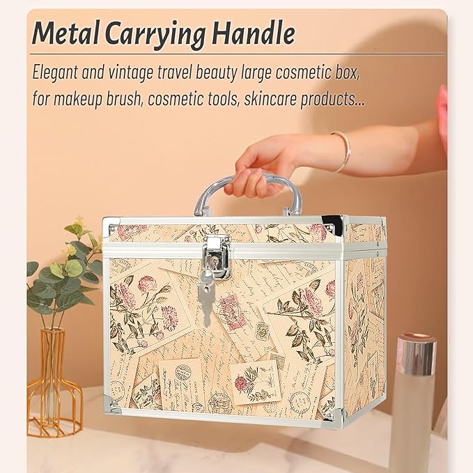 VNIMTI Makeup Train Case, Portable Makeup Box with Mirror, Cosmetic Storage Box for Women with Trays, Makeup Box Organizer (Vintage Stamp - Box -Size L)