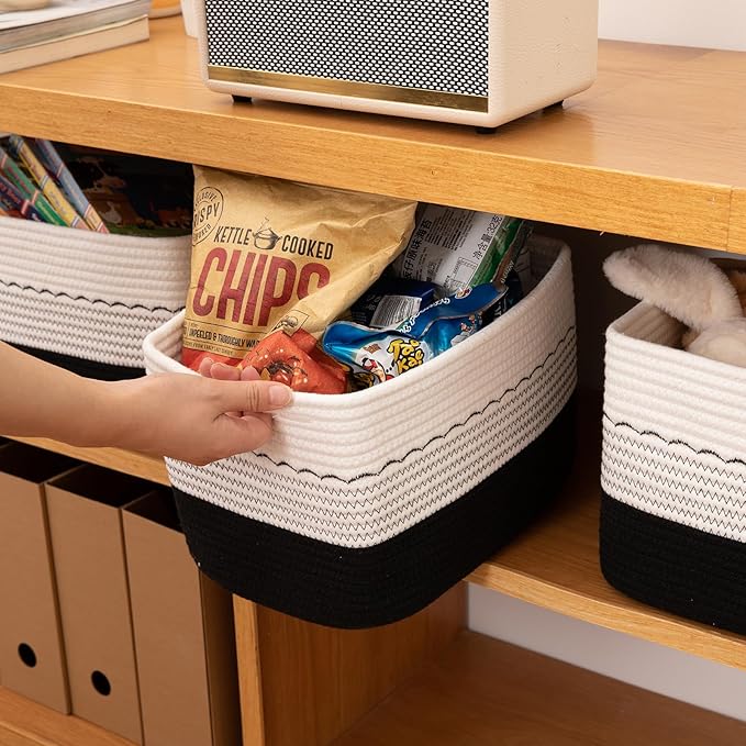 4 Pack Storage Baskets for Organizing, 13"X9"X7.87", Decorative Cotton Rope Baskets for Shelves, Small Woven Basket for Toys, Books and Towels, Black & White