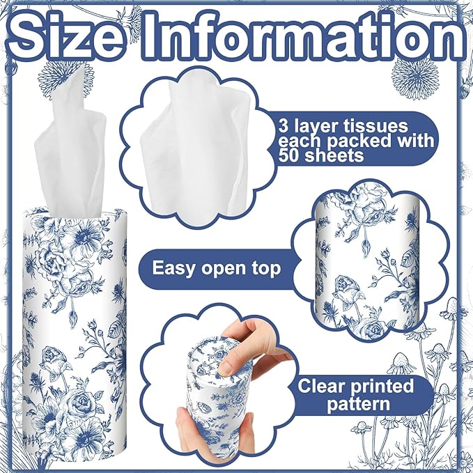 Zonon 8 Pcs Vintage Floral Round Tissues Box Car Holder with Facial Tissue Bulk Blue Flower Travel Tubes for Car with 50 Sheets Christmas Cylinder Face Towel Fit for Cup Holder Round Container