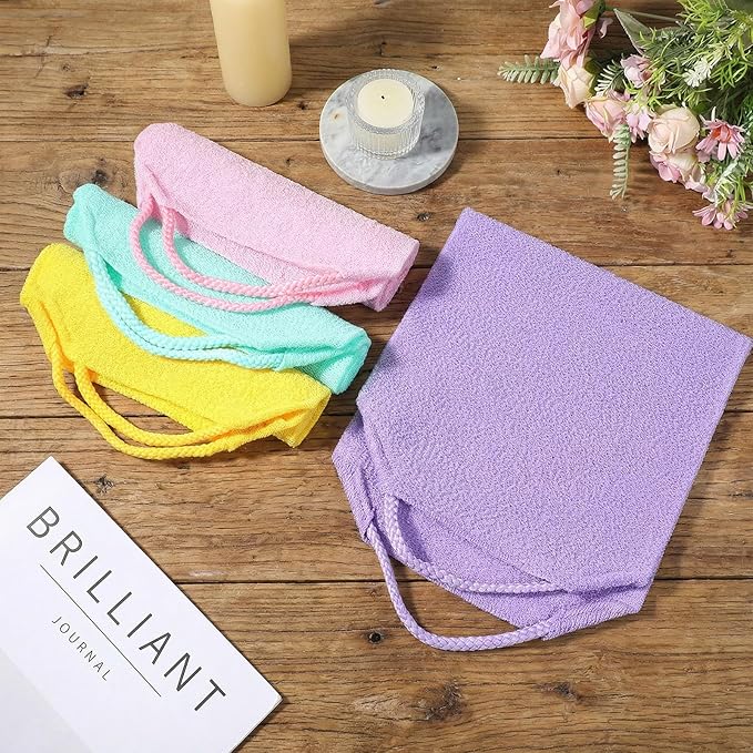 4PCS Exfoliating Back Scrubber with Handles, Double-Sided Nylon Exfoliating Washcloth Extended Length Exfoliator Stretchy Pull Strap Back Washer Body Exfoliatin Washcloth for Women Men