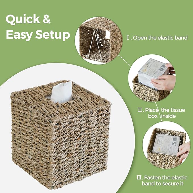 Seagrass Tissue Box Cover, Wicker Tissue Box Holder Square, Hand Woven Cube Tissue Box Cover Tissue Holder for Bathroom Living Room Kitchen Office, Natural