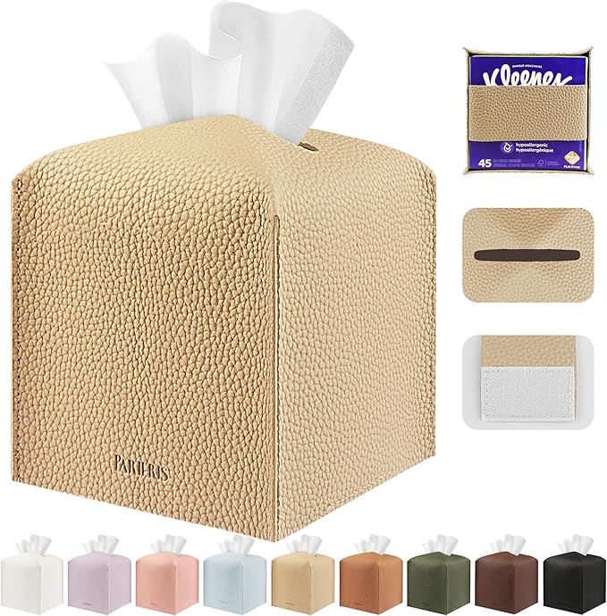 Tissue Box Cover Holder Square Tissue Cube Cover PU Leather Tissue Organizer with Bottom Belt for Bathroom, Tabletop, Car, Night Stands, Office, Home, Kitchen (1, SoftBeige)