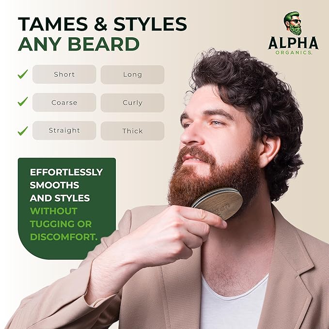 Premium Handmade 4.5" Boar Bristle Beard Brush for Men – Natural Walnut Wood & Non-Slip Rubber Grip – Men’s Grooming Brush for Short, Medium & Long Beards – Mustache & Beard Care Tool – Alpha Organics