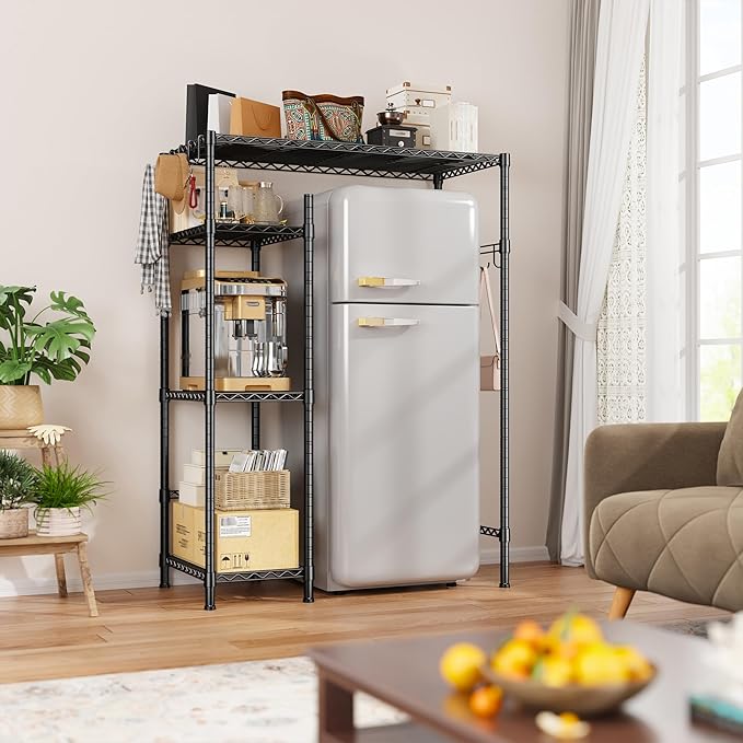 REIBII Mini Fridge Cabinet with Storage Shelves,4 Tier Space-Saving Dorm Room Mini Fridge Stand,Adjustable Utility Microwave Stand Storage Education Shelf for Dorm Kitchen,38.1Wx18.11Dx52.36H