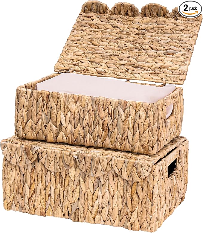 Set of 2 Scalloped Edge Wicker Basket with Lids, Rectangle Wicker Storage Basket with Built-in Handles, Multipurpose Organizer Rattan Display Boxes for Shelf, Nursery Room