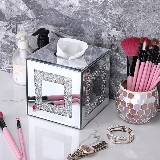 Sumnacon Crystal Square Tissue Box Cover - Sparkly Glass Cube Tissue Box Holder, Decorative Facial Tissue Holder for Bathroom Vanity Dresser Night Stand Table Countertop Office Home Decor, Silver