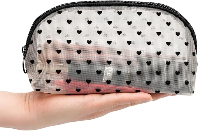 Portable Mesh Makeup Bag with Zipper Small Travel Toiletry Bag Lightweight Cosmetic Pouch (Beige&Black Heart Half Round)
