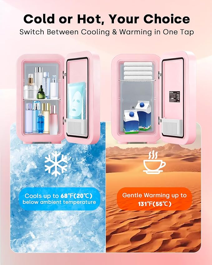 Enventor Mini Skincare Fridge Small Refrigerator for Bedroom, Beauty Fridge for Makeup with Dimmable LED Mirror, 6 L / 8 Cans Compact Portable Cooler for College Dorm, Office, Car, Pink