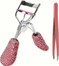 Pink Eyelash Curlers with Slant Tip Tweezer Pink Bling Crystal Rhinestone Eyelashes Curls for Dramatic Long Lasting Seamless Brilliant Eyes, Best Bedazzled Makeup Stuff Things For Mascara Asian Beauty
