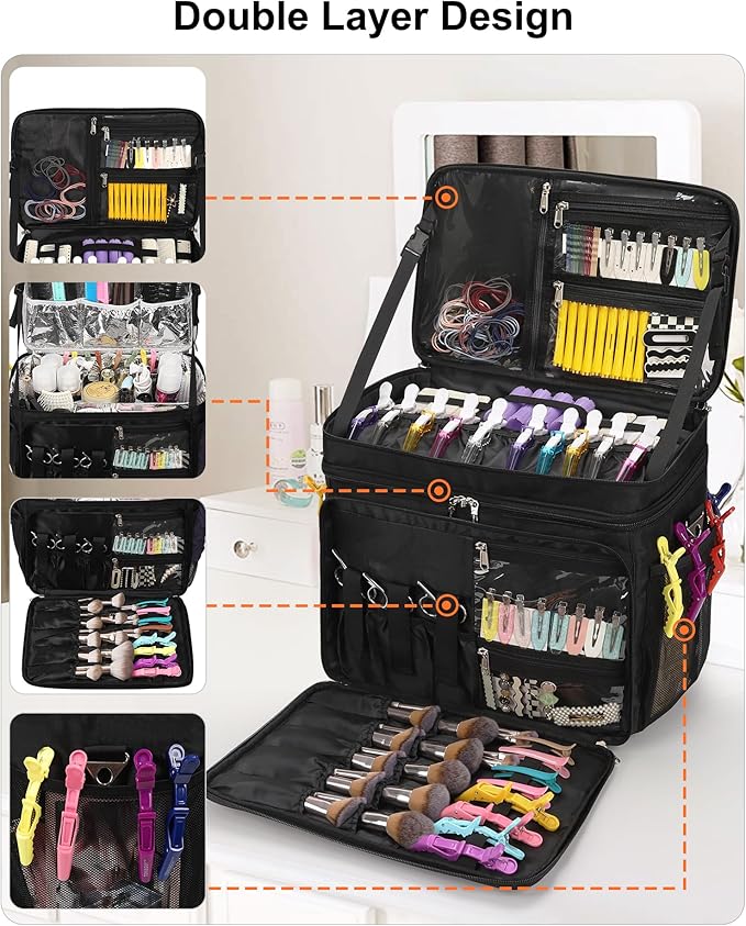 Relavel Hair Tools Travel Bag Hairstylist Traveling Bag Dual Layer Hairdresser Cosmetology Bag Storage Organizer Case for Hair Stylist Essentials, Barber Accessories with Adjustable Dividers