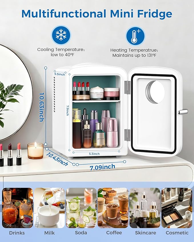 Mini Fridge for Bedroom, 4L/6 Cans Small Cosmetic Fridge for Skincare, Makeup & Drink, With Observation Window, Portable Desk Fridge Cooler and Warmer for Kids, Car, Office, Dorm, White