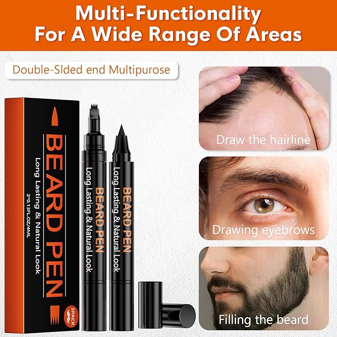 3-Pack Beard Pen Filler for Men, Waterproof & Sweat Proof Long-Lasting Beard Pen Kit with 2 Fillers & 1 Double-Headed Brush – Effectively Enhances Facial Hair (Black)