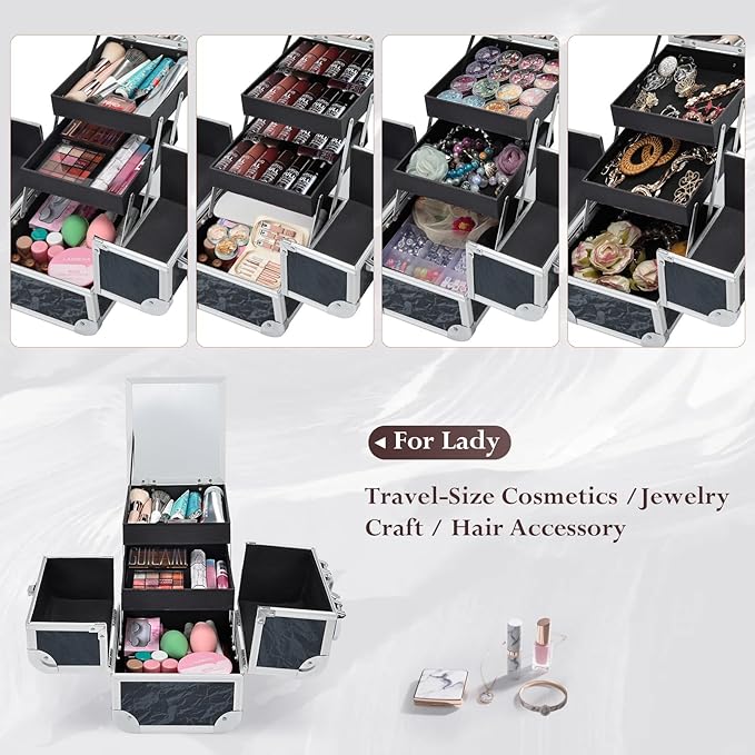 Costravio Makeup Case Train Case Portable Makeup Box with Mirror Lock Box Travel Cosmetic Train Cases Hard Make Up Organizer for Girls Nail Craft Storage Vanity Misty Hills Black