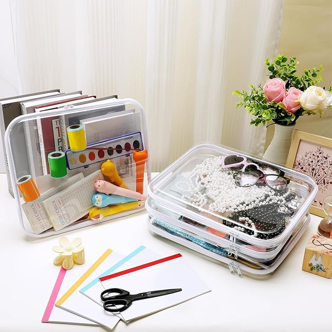 Hoolerry 4 Pcs Hard Clear Zipper Case Makeup Bags Plastic Zipper Pouch Transparent Storage Box Containers for Cosmetics, Snacks, Building Blocks, Puzzles(Clear,13.8 x 11.8 x 2 in,White)