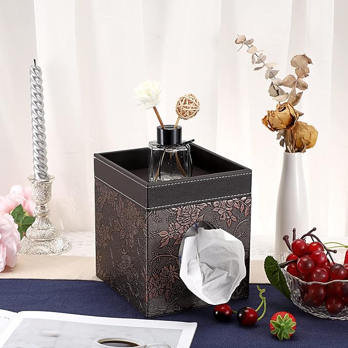 Sumnacon Leather Square Tissue Box Cover - Decorative Cube Tissue Box Holder with Tray, Stylish Facial Tissue Holder for Bathroom Vanity Dresser Table Home Office Bar, Brown Flower