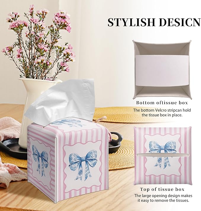 Grace Yonks Cute Tissue Box Cover Square - Pink Stripe and Blue Bow Design 5.2" PU Leather Holder for Vanity, Desk, or Bathroom Counter - Cube Case for Facial Tissues(001)
