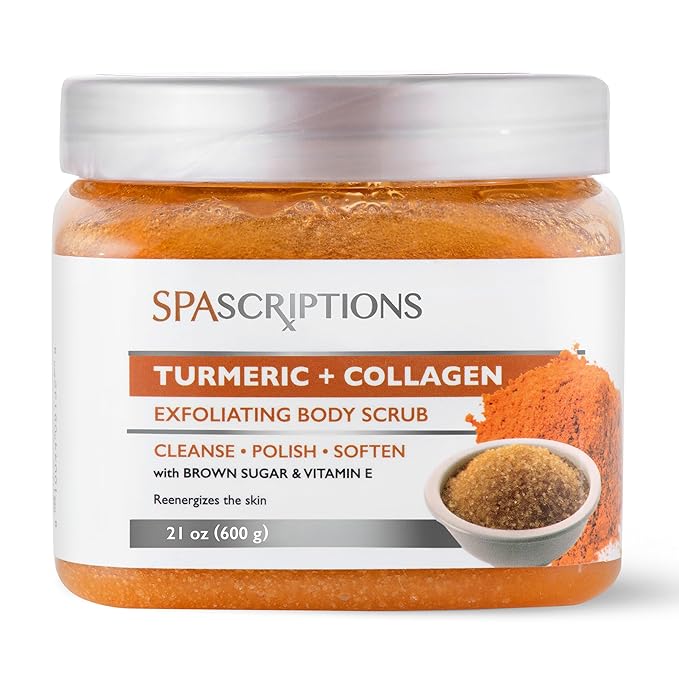 SpaScriptions Turmeric & Collagen Sugar Scrub - Brightening Body Scrub Exfoliator with Brown Sugar & Vitamin E, Ideal for for Dull & Uneven Skin Tone, Helps Support Glowing, Smooth & Firm Skin, 21 oz