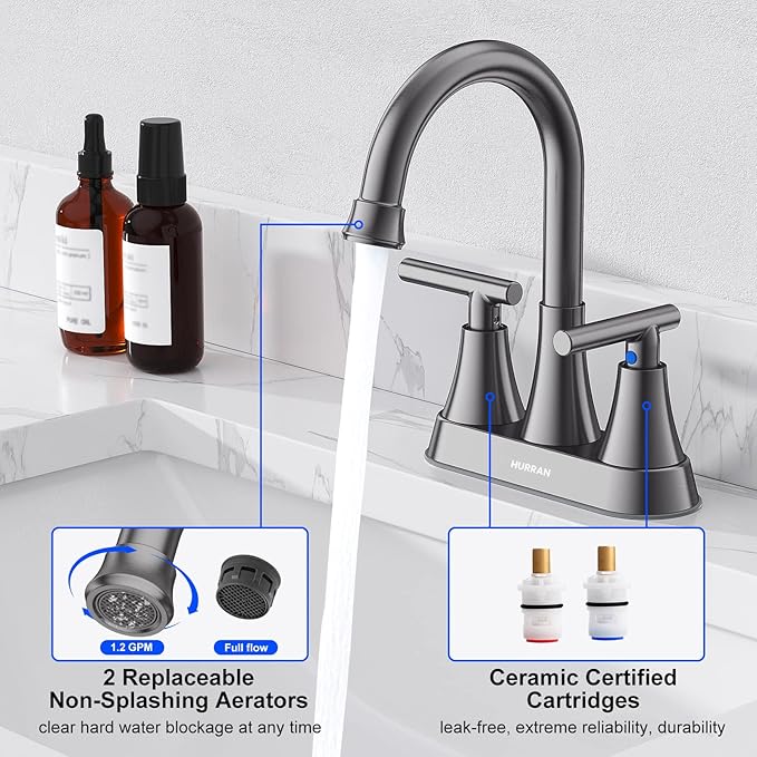 Bathroom Faucets for Sink 3 Hole, Hurran 4 inch Brushed Grey Bathroom Sink Faucet with Pop-up Drain and Supply Hoses, Stainless Steel Lead-Free Centerset Touch On Faucets for Vanity RV
