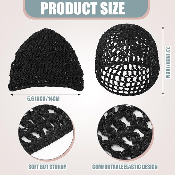 Geyoga 4 Pieces Mesh Crochet Hair Net Rayon Knit Snood Hat Thick Short Women Hairnet Snoods Cover Ornament for Sleeping (Pink,Black)