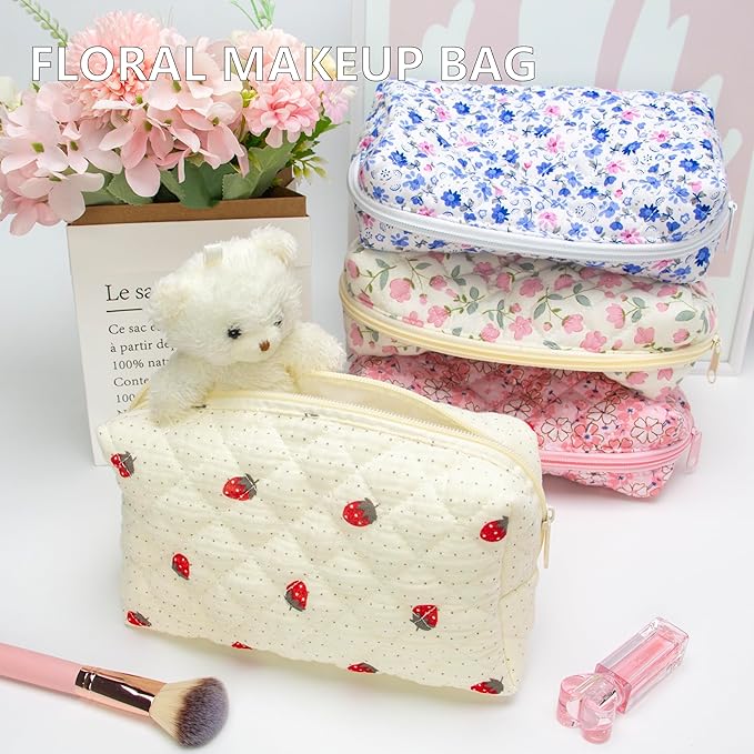 PAZIMIIK 2PCS SET Vintage Quilted Makeup Bag Cosmetic Pouch for Brushes Pencils and Travel Make Up Accessories for Women and Girls Gauze Strawberry