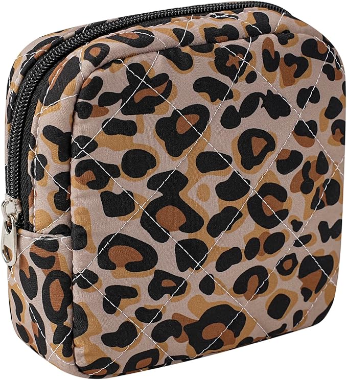 Small Quilted Cosmetic Pouch for Purse, Mini Cotton Makeup Bag with Compartments, Cute Zipper Lipstick Holder for Women (22Leopard Print)