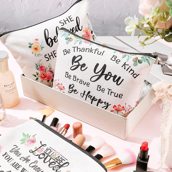 Chengu 6 Pcs Floral Cosmetic Bags Inspirational Gifts for Women Believe in Yourself Motivational Quotes Flower Canvas Makeup Bag for Women Birthday Friend Teacher Graduation New Year Party