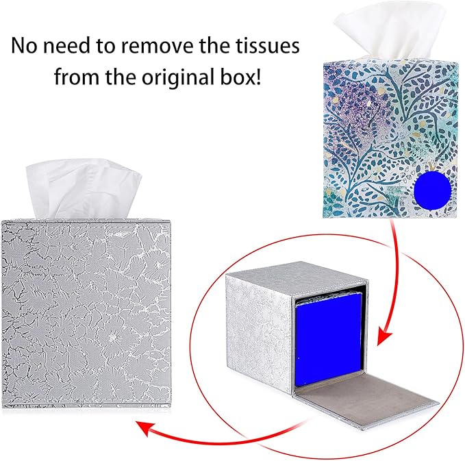 Sumnacon Square Leather Tissue Box Cover - Stylish Cube Tissue Box Holder with Magnetic Bottom, Decorative PU Tissue Box for Vanity Dresser Night Stand Table Countertop Home Office Car, Silver