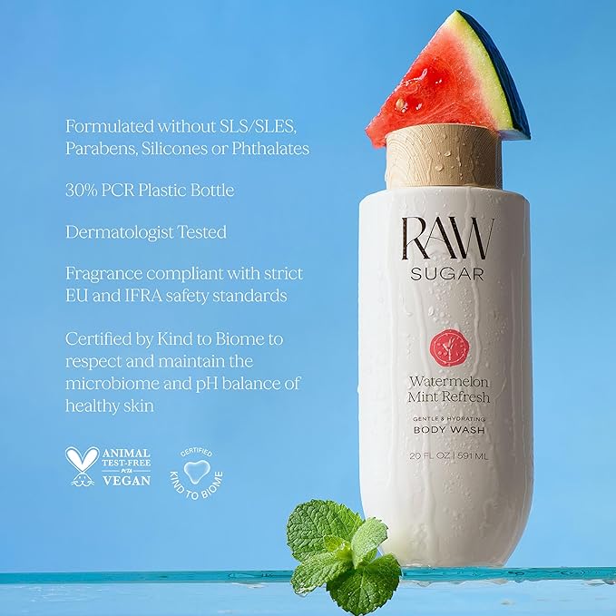 RAW SUGAR Watermelon Mint Refresh Gentle & Hydrating Body Wash, 20 Fl Oz (Pack of 1), Moisturizing & Refreshing Bath & Shower Gel, Vegan, Formulated without SLS/SLES & Parabens