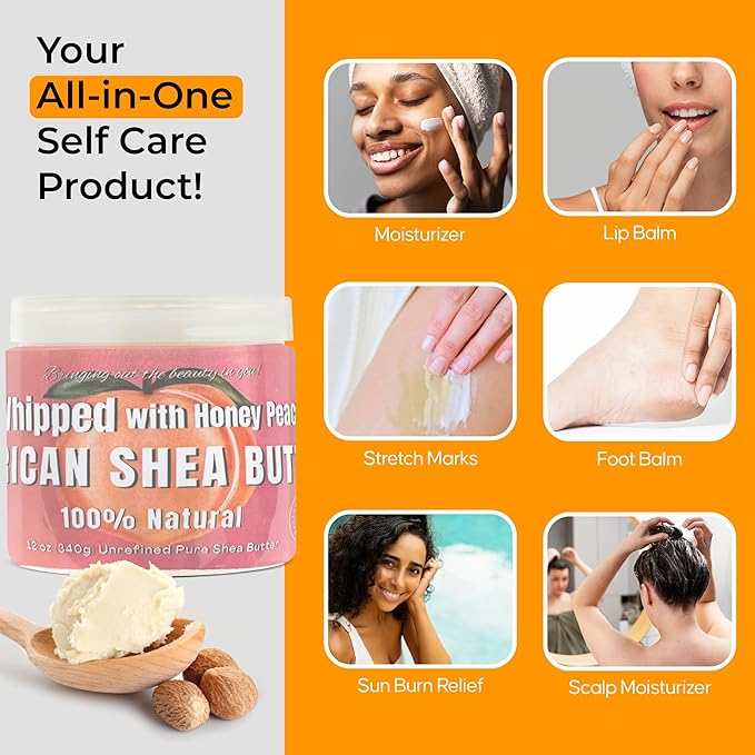 RA COSMETICS Whipped Shea Butter Honey Peach - 100% Pure and Natural African Shea Butter - Ultimate Handcrafted Moisturizer with Essential Vitamins for Radiant Skin and Luscious Hair - 12oz Jar