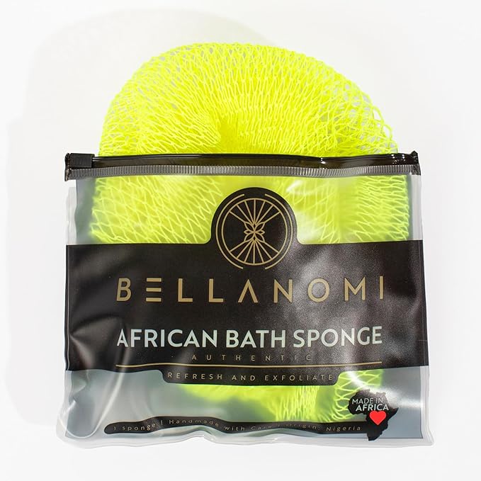 BELLANOMI African Exfoliating Net Sponge, Authentic, Ethically sourced from Nigeria, 45 inches Long, Back Scrubber for Daily use (Lemon)