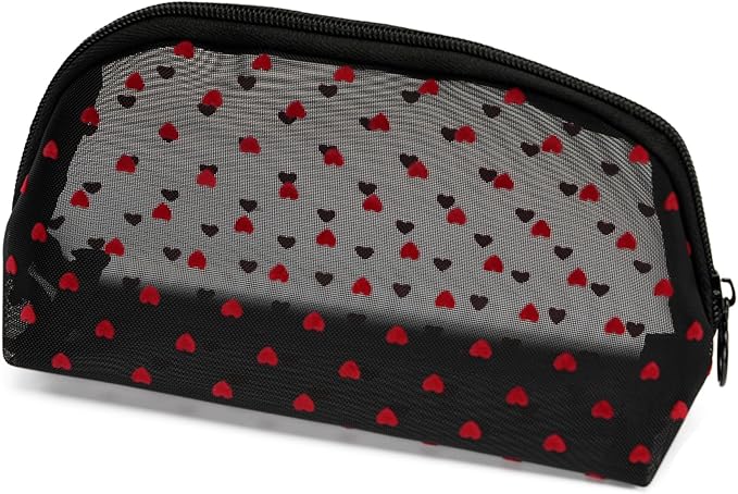 Portable Mesh Makeup Bag with Zipper Small Travel Toiletry Bag Lightweight Cosmetic Pouch (Black&Red Heart Half Round)