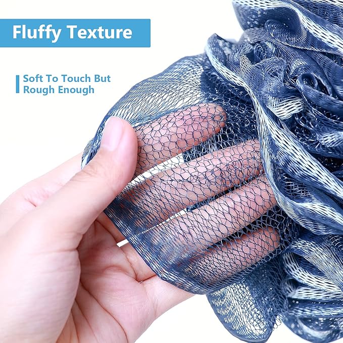 VANZAVANZU Bath Loofah Large 80g Shower Sponge Body Scrubber Mesh Pouf for Men and Women, Set of 4 (Navy Blue)