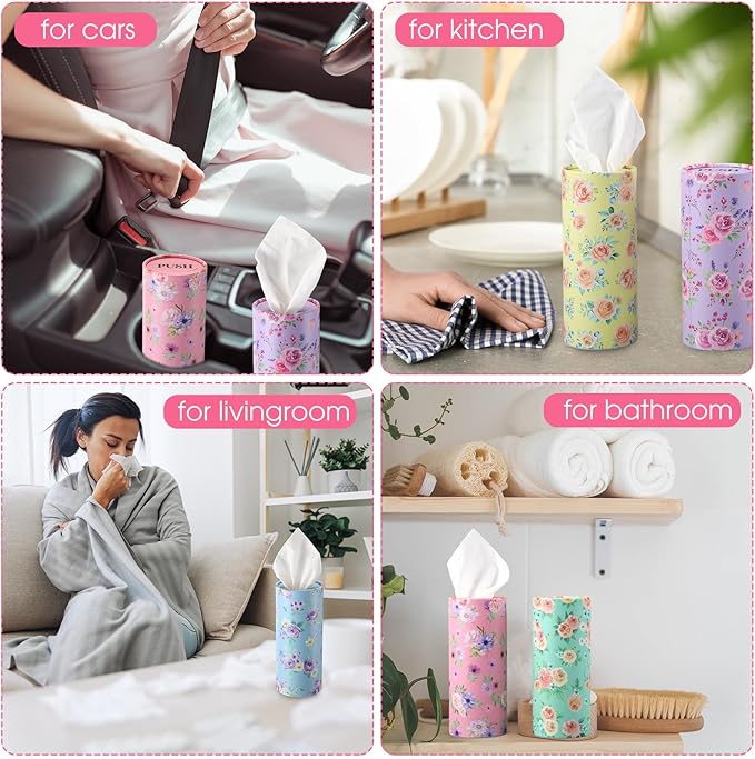 Outus 12 Pcs Spring Floral Car Tissues Cylinder Holder Flowers Round Tissue Box Cup Holder 3 Ply Facial Napkins Napkins Container for Car Home Office Dispenser Travel