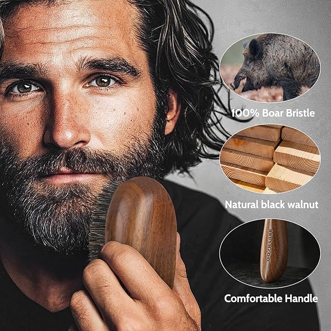 BRUSHZOO Beard Brush, Black Walnut Boar Bristles Brush for men Soften Beard, Reduce Beard-Itch, Control Oil, Perfect Beard Styling Tool