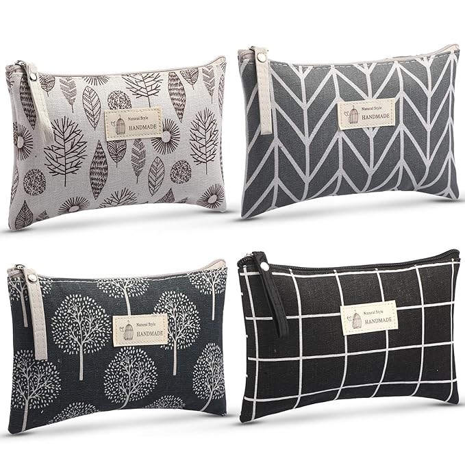 Boao 4 Pieces Canvas Makeup Bags Set Small Cosmetic Pouches for Purse with Zipper Multi Functional Toiletry Travel Case Organizer for Women Gift, 4 Styles(Big,Arrow, Plaid, Tree, Leave)